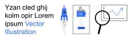 Business strategy, technology, innovation, marketing growth, digital tools, data analysis. Rocket launch, smartphone sending message magnifying glass on chart. Business strategy and technologyのイラスト素材
