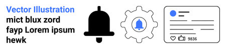 Notifications, alert systems, social media, app design, user interface, digital platforms. Bell icon, gear symbol social media card layout. Notifications and alert systems conceptのイラスト素材