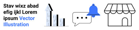 Business growth, notifications, communication, online marketplaces, marketing, local services. Icons of buildings, a notification bell a speech bubble and a storefront. Business growthのイラスト素材