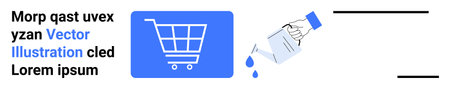 E-commerce, retail marketing, online shopping, stock management, digital transactions, logistics. A blue shopping cart image and a hand pouring liquid. E-commerce and retail marketing conceptのイラスト素材