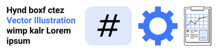 metadata tag in square, gear icon, and clipboard with graph chart. Ideal for data, tech, teamwork,...