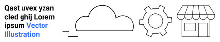 Cloud connects to gear and store building, highlighting innovation, workflow, ecommerce, strategy. Ideal for IT solution, online business, management, automation development simple landing pageのイラスト素材