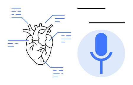 Healthcare, technology, speech analysis, medical innovation, communication, research. Stylized human...
