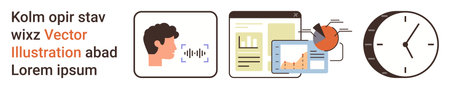 Data visualization, technology, productivity, speech analysis, time tracking, digital tools. Person with sound waves, charts graphs and a clock. Data visualization and technology conceptのイラスト素材
