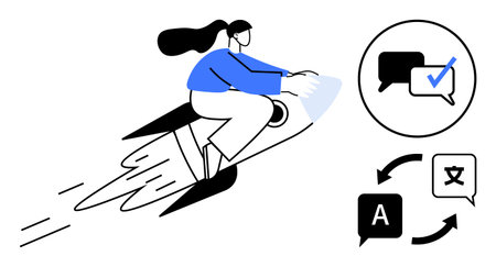 Woman navigating a rocket symbolizing speed and progress. Language exchange, communication symbols,...
