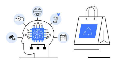 Human profile with a brain chip connected to icons representing cloud, robotics, internet. Shopping bag with recycling sign. Ideal for AI, automation, sustainability, technology, businessのイラスト素材