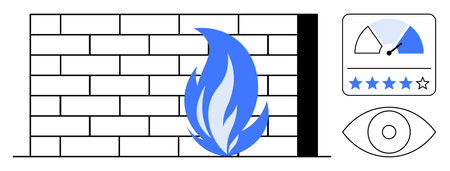 Firewall concept. Firewall highlighted with flame icon s cybersecurity. Security metrics and...