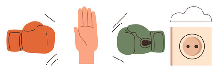 Gaming, decision-making, competition, playful interaction, strategy, symbolic illustrations. boxing...
