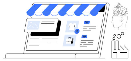 Laptop screen with storefront canopy, product pages, discount tags, shopping cart. Head silhouette...
