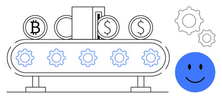 Currency conversion concept. Bitcoin and dollar symbols on a conveyor belt with gears automation. Currency conversion streamlined through digital processes. For finance, fintech, blockchain, onlineのイラスト素材