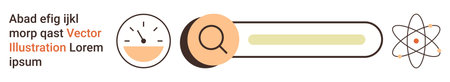 Search tools, data science, user interface, technology, navigation, science. A search bar flanked by a magnifying glass, speedometer and atomic structure icons. Search tools and technology conceptのイラスト素材