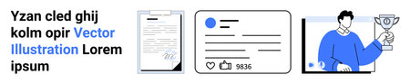 Social media, business documents, online awards, digital communication, professional success, engagement. Certificate, social profile trophy illustration. Social media and business documents conceptのイラスト素材