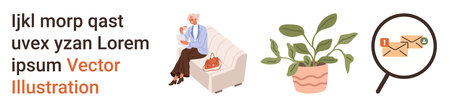 Senior lifestyle, home decor, postal services, online communication, mail security, investigative concepts. Elderly woman on sofa, potted plant magnifying glass on an envelope. Senior lifestyleのイラスト素材