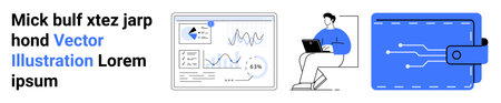 Financial technology, online payment, data analysis, remote work, modern business, digital security. Graphs, person working on laptop wallet. Financial technology and data analysis conceptsのイラスト素材