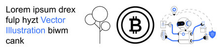 Cryptocurrency, blockchain, finance, artificial intelligence, technology education, digital currency. Robot interacting with Bitcoin symbol and digital tools. Cryptocurrency and blockchain conceptのイラスト素材