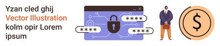 Cybersecurity, online safety, financial protection, password management, secure access, data encryption. Image showing lock with passwords, businessman and dollar symbol. Cybersecurity and financialのイラスト素材