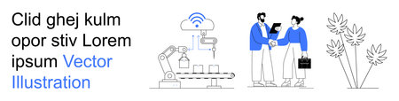 Robotics, smart industries, business strategies, collaboration, wireless technology, environment. A robot arm, handshake and plants. Robotics and smart industries with collaboration focusのイラスト素材