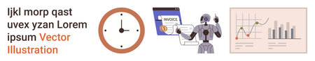 Time management, automation, AI, financial analysis, business productivity, and invoices. Clock, robot invoice and graphs. Time management and automation conceptsのイラスト素材