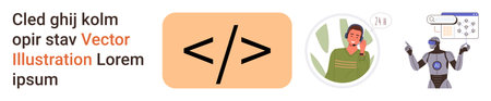 Technology, customer service, artificial intelligence, coding, communication, robotics. Symbols include code tags, a customer service ative and a robot chatbot. Coding and customer service conceptsのイラスト素材