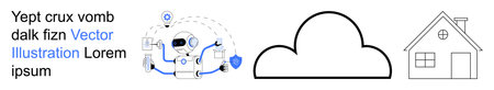 Cloud computing, smart homes, digital storage, automation, connectivity, futuristic technology. Robot interacting with a cloud and house icon. Cloud computing and smart homes conceptのイラスト素材