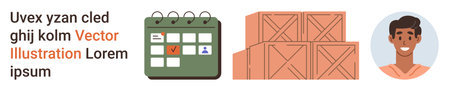 Task management, productivity tools, logistics, warehouse storage, personal profiles, avatar graphics. Calendar with checkmarks, stacked wooden crates portrait of a person. Task managementのイラスト素材