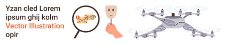 Security, surveillance, privacy, data protection, quadcopter technology, forensic analysis. Magnifying glass over envelope, Quadcopter and hand holding a mask. Security and surveillance conceptのイラスト素材