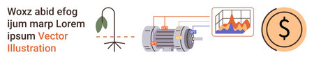 Renewable energy, industrial automation, eco sustainability, financial growth, energy production, data analysis. A motor, sustainability icon graph and dollar sign. Renewable energy and financialのイラスト素材