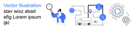 Supply chain, logistics planning, technology integration, route optimization, shipping, delivery systems. Person examines supply chain map with marker icons, gears vehicle. Supply chainのイラスト素材