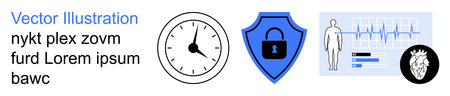 Healthcare, data security, protection, time management, cardiovascular health, medical monitoring. Clock, shield with lock EKG chart human body graphic. Healthcare and data security conceptのイラスト素材