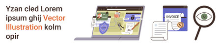 Cybersecurity, fraud detection, invoice security, digital payment safety, online monitoring, data analysis. Laptop screen displaying cybersecurity icons, invoices, and security featuresのイラスト素材
