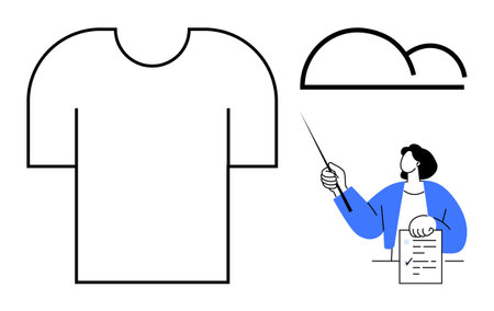 Outline of a T-shirt, abstract cloud, and person presenting with pointer and document. Ideal for education, design, fashion, creativity, online learning branding teamwork. Simple flat metaphorのイラスト素材