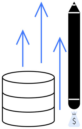 Database icon with blue arrows representing growth, and a pen with a money bag suggesting financial progress. Ideal for data management, business growth, fintech, analytics, digital economyのイラスト素材
