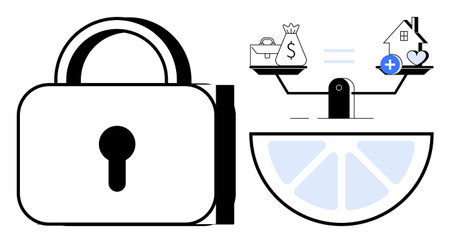 Security concept. Security ed by a padlock and financial decision-making balance scales with money...