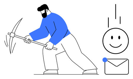 Data mining concept. A person with a pickaxe data extraction and discovery accompanied by an email icon. Data mining, communication technology, and digital exploration. Suitable for technology, dataのイラスト素材