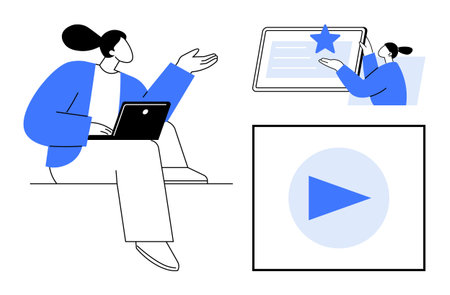 Digital interaction, online learning, content rating, creative workflow, user experience, multimedia engagement. Person working on a laptop, star rating on-screen and a play button. Digitalのイラスト素材