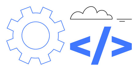 Technology concept. Technology symbols including a gear, cloud, and coding brackets suggest...