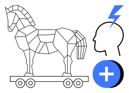 Cybersecurity concept. Trojan horse digital threats, paired with mental health and medical icons....