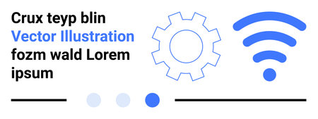 Gear and wireless icons with text placeholders, dots, lines in blue, black, white. Ideal for technology, connectivity, progress, automation innovation communication simple landing pageのイラスト素材