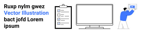 Minimalist scene with person holding video on-screen, checklist, empty monitor, and placeholder...