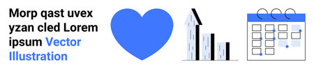 Business analytics, data visualization, planning tools, financial growth, healthcare campaigns, marketing strategies. Blue heart, upward graph and calendar graphic. Business analytics and dataのイラスト素材