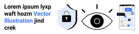 Cybersecurity, privacy, data protection, mobile security, user authentication, technology. Shield with lock, eye symbol and smartphone interface. Cybersecurity and privacy visualizationのイラスト素材