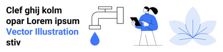 Water management, environmental awareness, sustainability, conservation efforts, inspection, eco-friendly design. Droplet under a faucet, a person with a tablet and floral motif. Water managementのイラスト素材