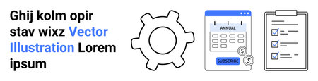 Business strategy, project planning, workflow management, subscription services, task tracking, efficiency tools. Gear, calendar with subscribe button checklist on a clipboard. Workflow managementのイラスト素材