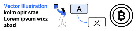 Language services, global communication, cryptocurrency, translation apps, digital currency, fintech. Woman holding card, letter blocks and Bitcoin symbol. Language services and cryptocurrencyのイラスト素材