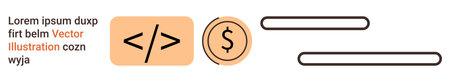 Web development, fintech, digital payment systems, UXUI design, programming, technology. Code symbol, dollar icon text fields. Web development and fintech conceptのイラスト素材