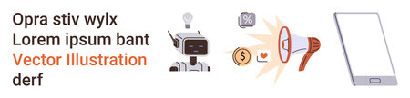 Artificial intelligence, digital marketing, financial technology, automation, communication, customer service. Robot with icons, megaphone and smartphone. Artificial intelligence and digitalのイラスト素材
