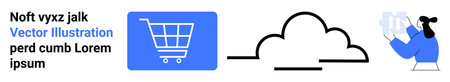 E-commerce, cloud computing, user interaction, online shopping, digital storage, data management. Shopping cart symbol, cloud icon person interacting digitally. E-commerce and cloud computingのイラスト素材