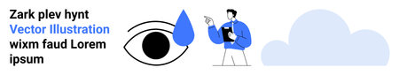 Eye health, education, healthcare, data storage, cloud services, awareness. Large eye with a tear drop, man holding clipboard cloud icon. Eye health and education conceptのイラスト素材