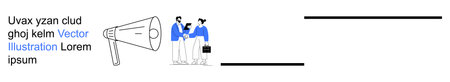 Advertising, teamwork, communication, marketing strategy, collaboration, public relations. Illustration of two people holding a briefcase next to a megaphone. Advertising and teamwork conceptのイラスト素材