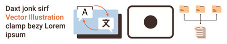 Language translation, digital tools, data management, workflow optimization, file sharing, organization. Icons include translation symbols, organized files and document workflow. Languageのイラスト素材